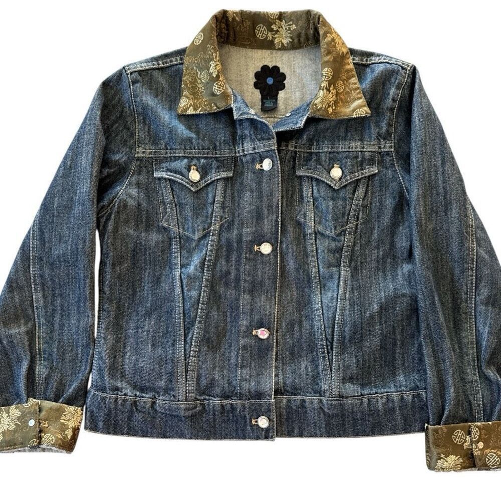 Joluka Embellished Women's Button Front Contrast Trim Denim Jacket Blue Large